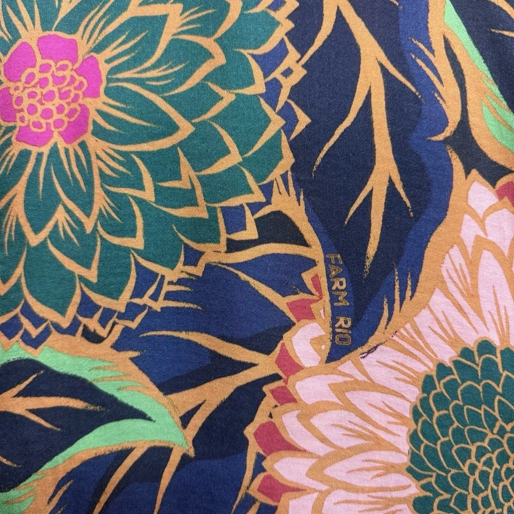 Farm Rio Floral Blouse XS Brazilian Designer Mock Neck Puff Sleeve Boho Statemen